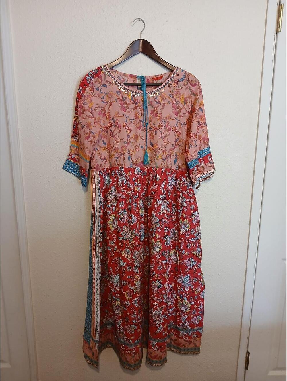 Bohemian Style Multi-Color Floral Midi Dress with Sequin Detail